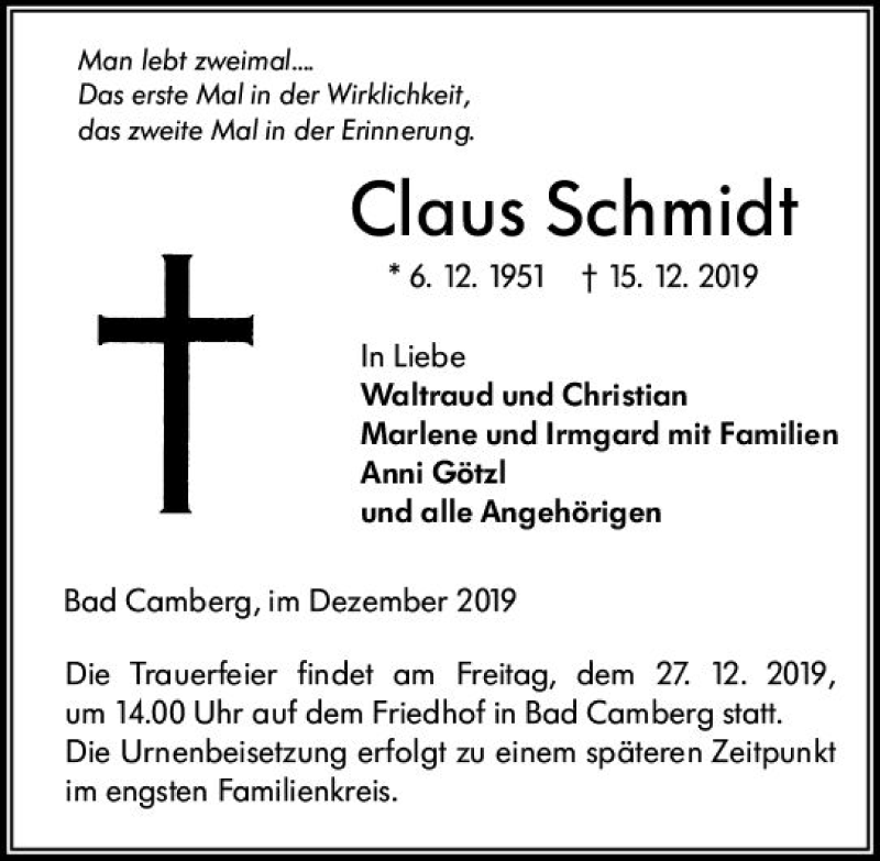  Traueranzeige für Claus Schmidt vom 19.12.2019 aus  Camberger Anzeiger