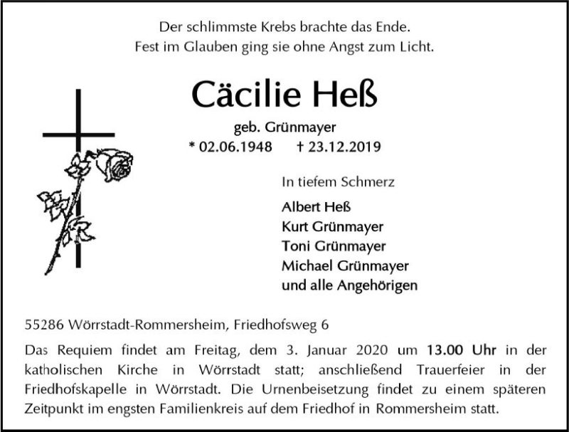  Traueranzeige für Cäcilie Heß vom 28.12.2019 aus vrm-trauer