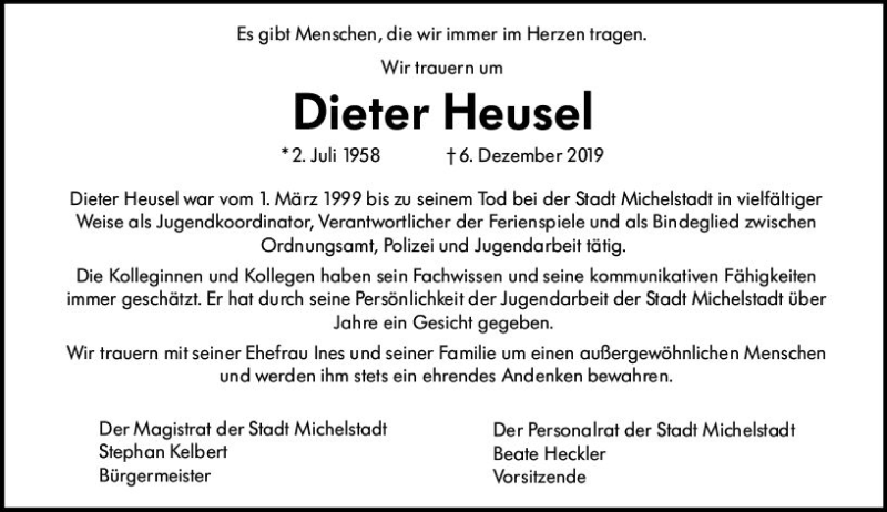  Traueranzeige für Dieter Heusel vom 14.12.2019 aus vrm-trauer