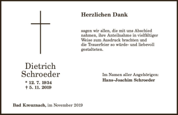 Traueranzeige von Dietrich Schroeder von vrm-trauer