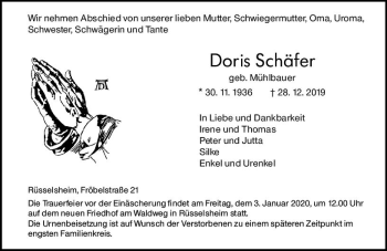 Traueranzeige von Doris Schäfer von vrm-trauer