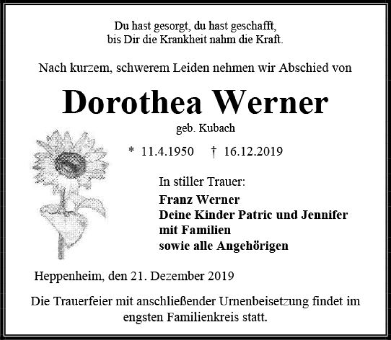  Traueranzeige für Dorothea Werner vom 21.12.2019 aus vrm-trauer