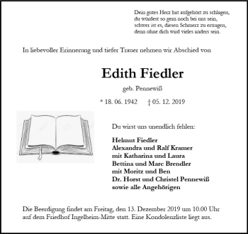 Traueranzeige von Edith Fiedler von vrm-trauer