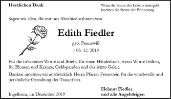 Traueranzeige von Edith Fiedler von vrm-trauer