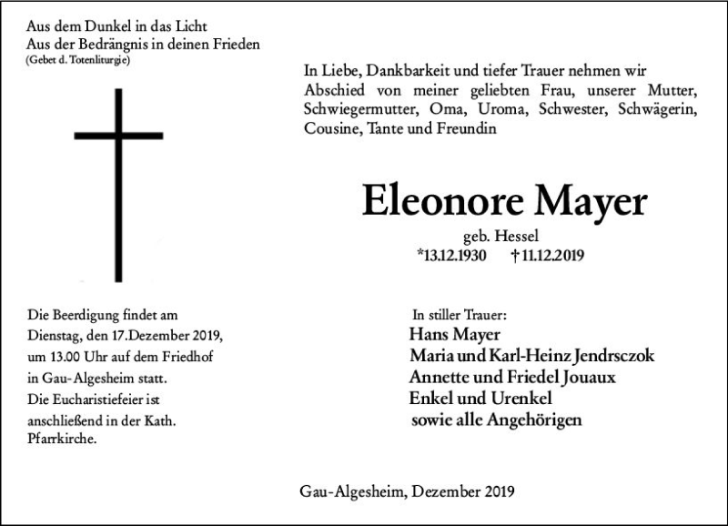  Traueranzeige für Eleonore Mayer vom 14.12.2019 aus vrm-trauer