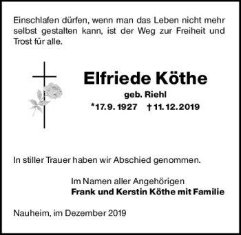 Traueranzeige von Elfriede Köthe von vrm-trauer