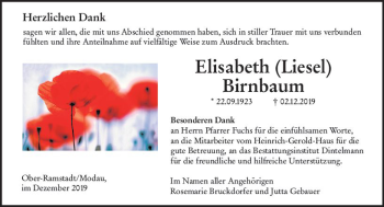 Traueranzeige von Elisabeth Birnbaum von vrm-trauer