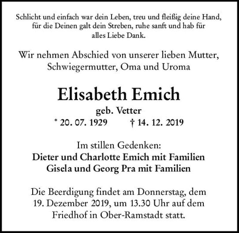  Traueranzeige für Elisabeth Emich vom 18.12.2019 aus vrm-trauer