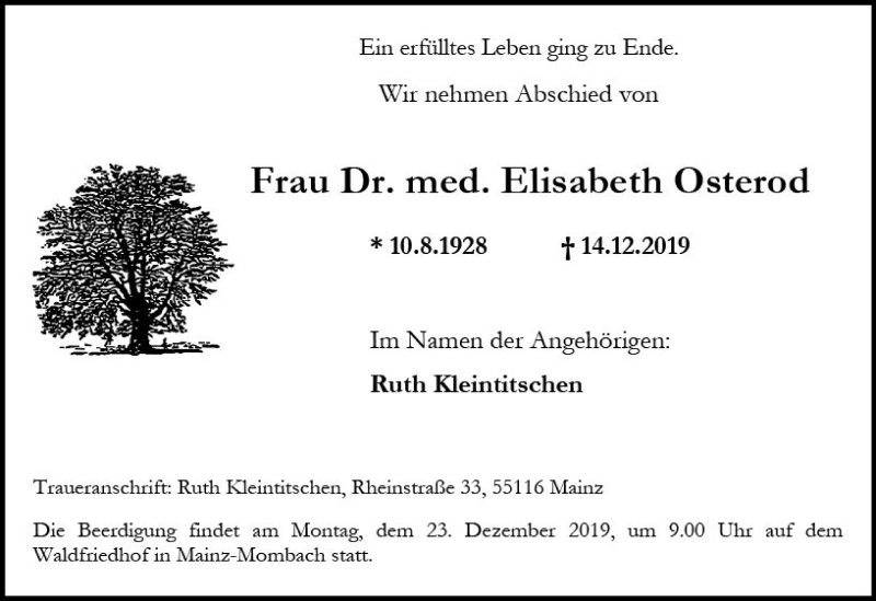  Traueranzeige für Elisabeth Osterod vom 18.12.2019 aus vrm-trauer