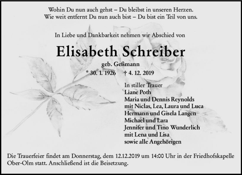  Traueranzeige für Elisabeth Schreiber vom 07.12.2019 aus vrm-trauer