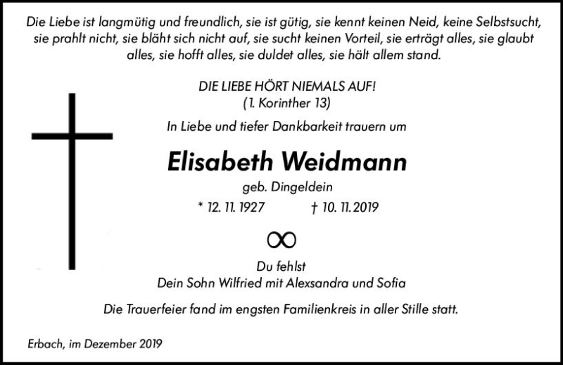  Traueranzeige für Elisabeth Weidmann vom 14.12.2019 aus vrm-trauer
