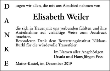 Traueranzeige von Elisabeth Weiler von vrm-trauer
