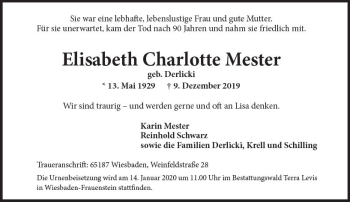 Traueranzeige von Elisabeth Charlotte Mester von vrm-trauer