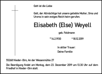 Traueranzeige von Elisabeth Else Weyell von vrm-trauer