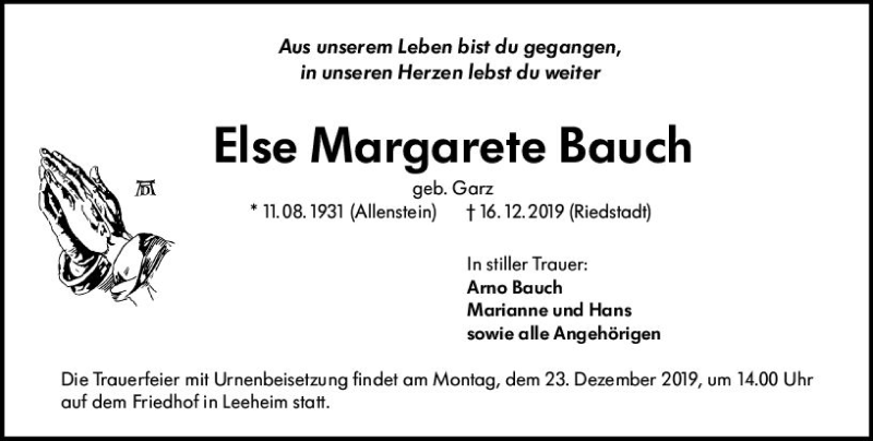  Traueranzeige für Else Margarete Bauch vom 21.12.2019 aus vrm-trauer