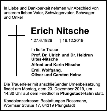 Traueranzeige von Erich Nitsche von vrm-trauer