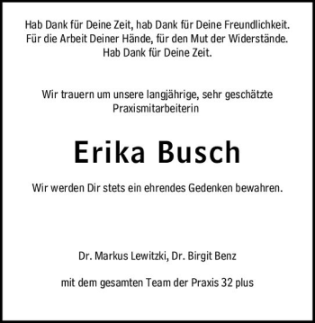 Traueranzeige von Erika Busch von vrm-trauer