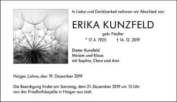 Traueranzeige von Erika Kunzfeld von  Dill Block