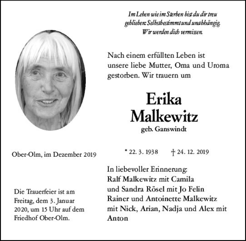  Traueranzeige für Erika Malkewitz vom 28.12.2019 aus vrm-trauer