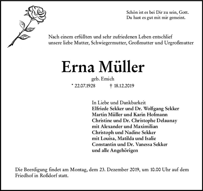  Traueranzeige für Erna Müller vom 21.12.2019 aus vrm-trauer