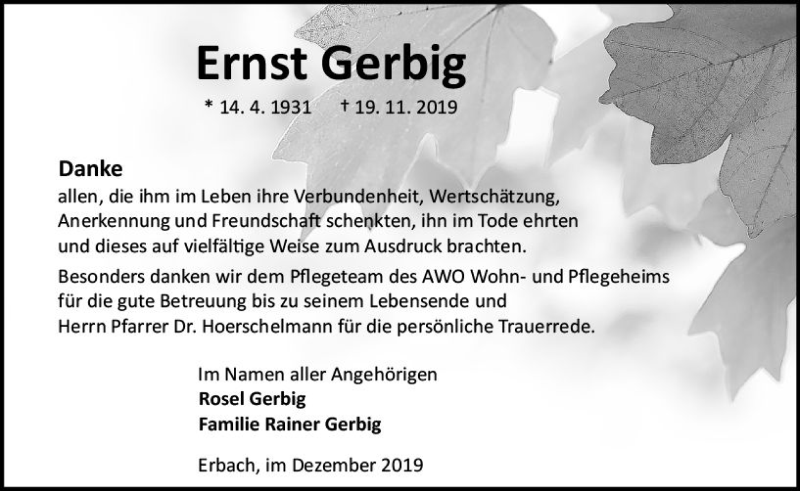  Traueranzeige für Ernst Gerbig vom 21.12.2019 aus vrm-trauer