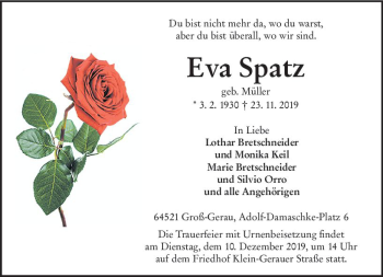 Traueranzeige von Eva Spatz von vrm-trauer