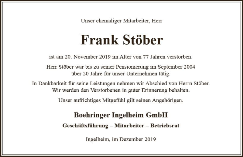  Traueranzeige für Frank Stöber vom 09.12.2019 aus vrm-trauer