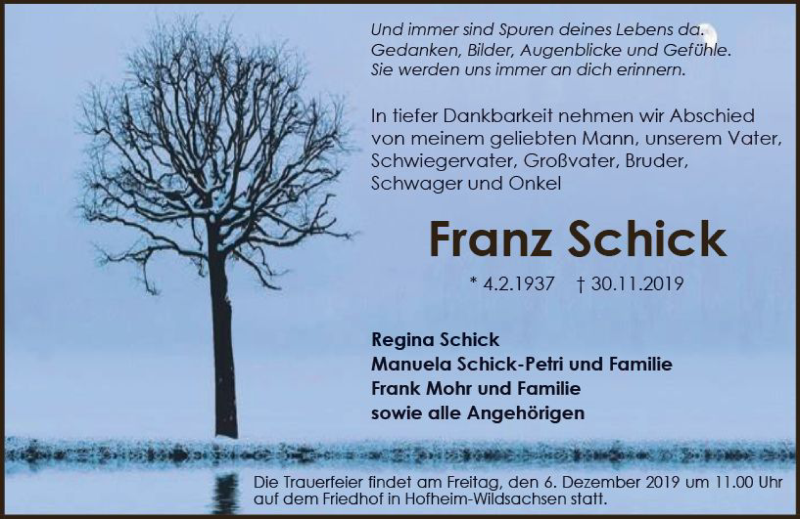  Traueranzeige für Franz Schick vom 03.12.2019 aus vrm-trauer