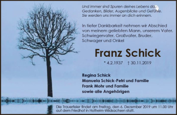 Traueranzeige von Franz Schick von vrm-trauer