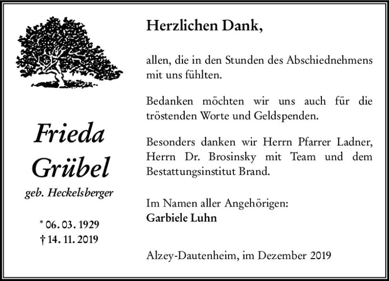  Traueranzeige für Frieda Grübel vom 14.12.2019 aus vrm-trauer