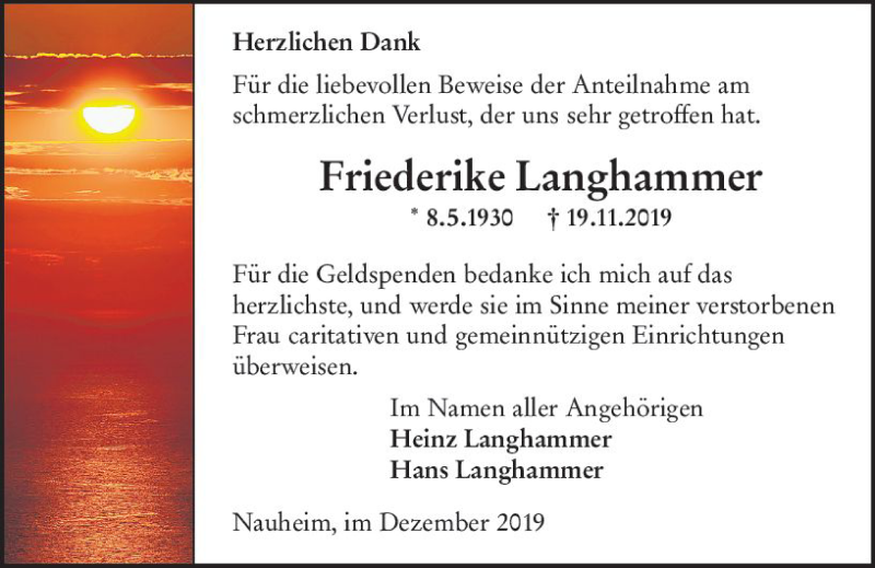  Traueranzeige für Friederike Langhammer vom 07.12.2019 aus vrm-trauer