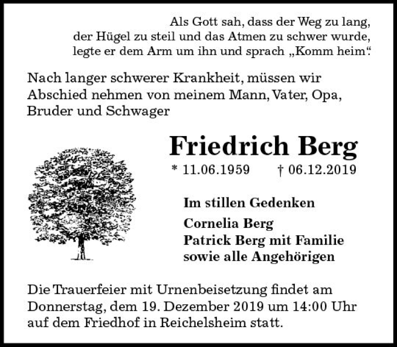  Traueranzeige für Friedrich Berg vom 16.12.2019 aus vrm-trauer