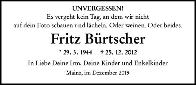 Traueranzeige für Fritz Bürtscher vom 21.12.2019 aus vrm-trauer