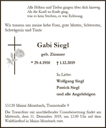Traueranzeige von Gabi Siegl von vrm-trauer