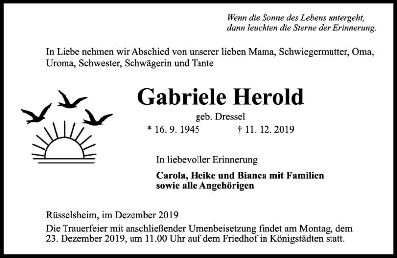  Traueranzeige für Gabriele Herold vom 14.12.2019 aus vrm-trauer