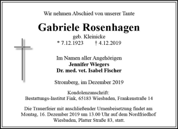 Traueranzeige von Gabriele Rosenhagen von vrm-trauer