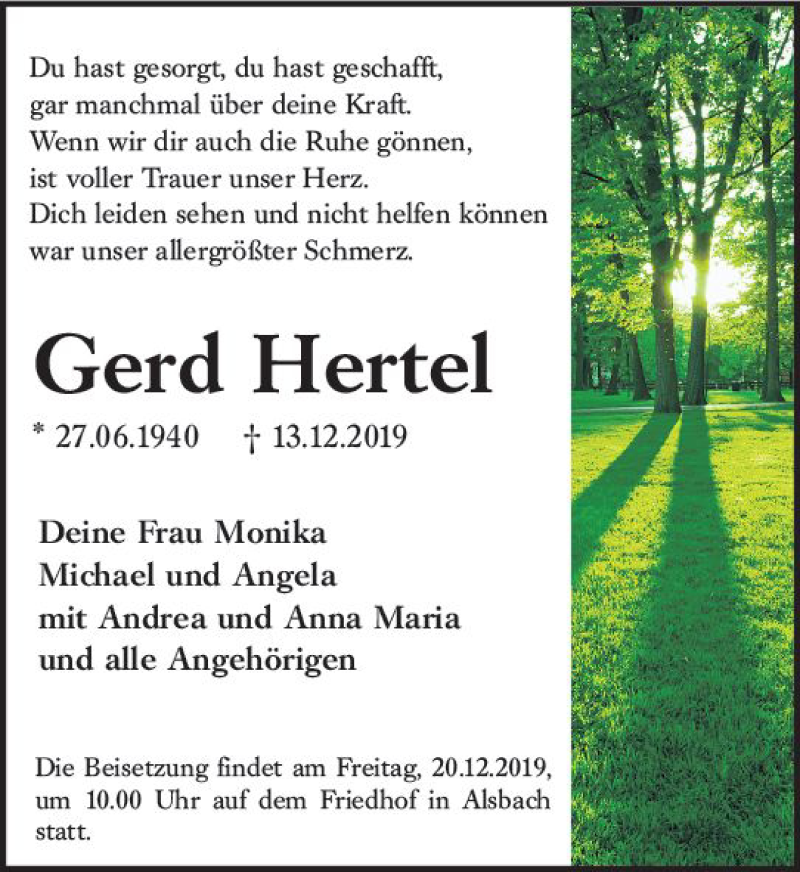 Traueranzeige für Gerd Hertel vom 17.12.2019 aus vrm-trauer