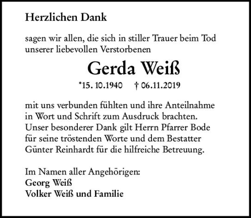  Traueranzeige für Gerda Weiß vom 07.12.2019 aus vrm-trauer