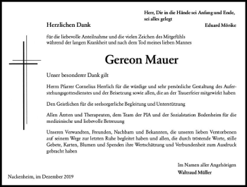 Traueranzeige von Gereon Mauer von vrm-trauer