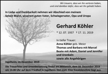 Traueranzeige von Gerhard Köhler von vrm-trauer