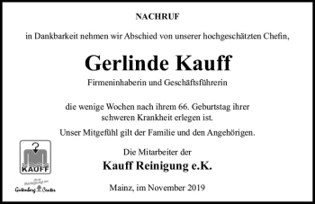 Traueranzeige von Gerlinde Kauff von vrm-trauer