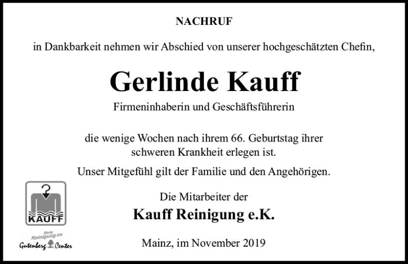  Traueranzeige für Gerlinde Kauff vom 02.12.2019 aus vrm-trauer
