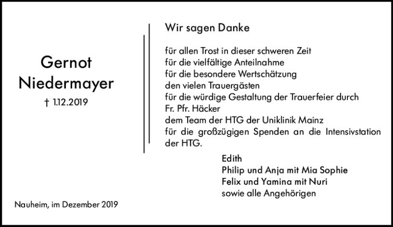  Traueranzeige für Gernot Niedermayer vom 28.12.2019 aus vrm-trauer