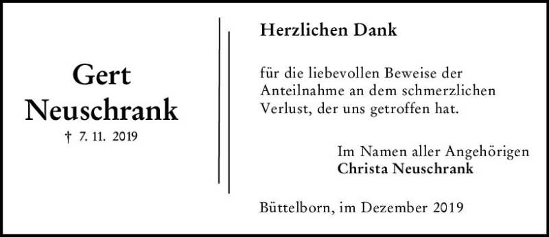  Traueranzeige für Gert Neuschrank vom 14.12.2019 aus vrm-trauer