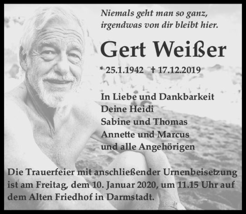  Traueranzeige für Gert Weißer vom 28.12.2019 aus vrm-trauer