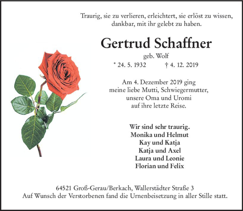  Traueranzeige für Gertrud Schaffner vom 14.12.2019 aus vrm-trauer