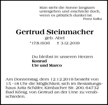 Traueranzeige von Gertrud Steinmacher von vrm-trauer