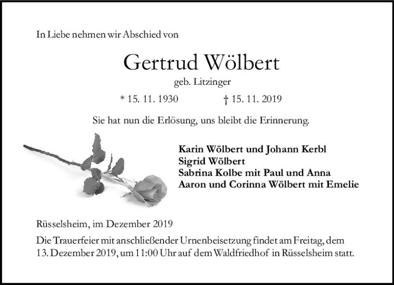  Traueranzeige für Gertrud Wölbert vom 07.12.2019 aus vrm-trauer