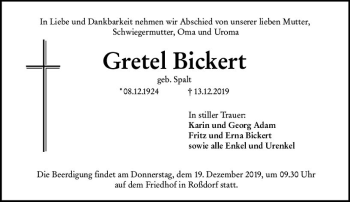 Traueranzeige von Gretel Bickert von vrm-trauer