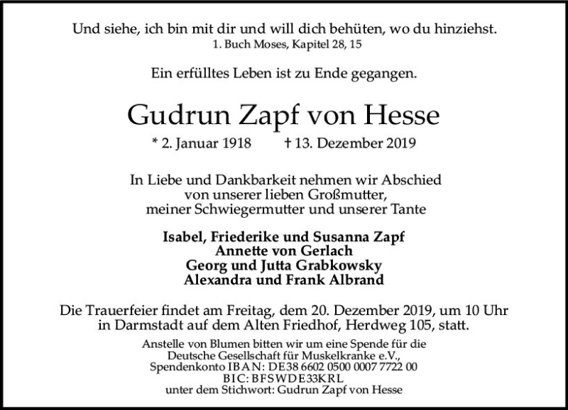  Traueranzeige für Gudrun  Zapf von Hesse vom 18.12.2019 aus vrm-trauer